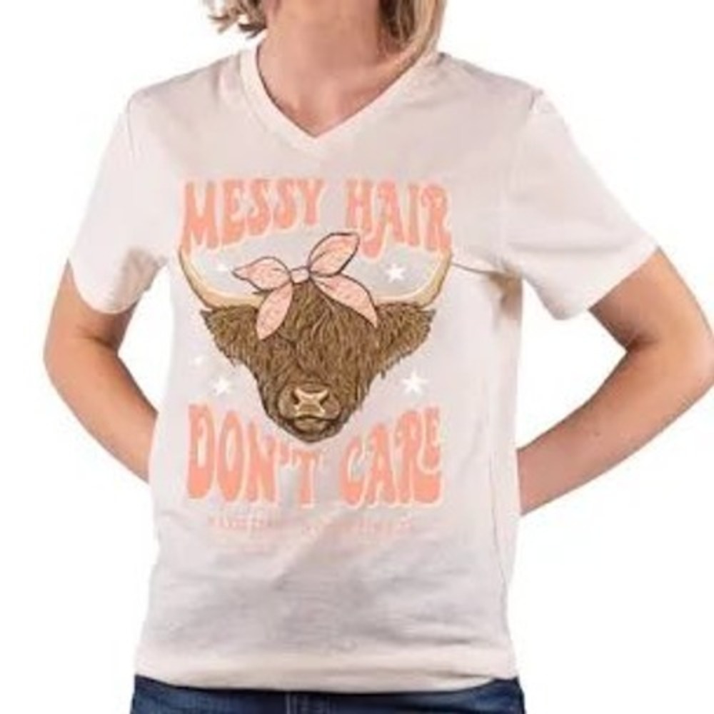 Simply southern v-neck messy‎ hair collection highland cow women's size large